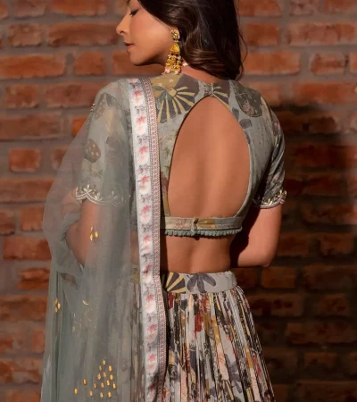Buy Vana Ethnics Grey Floral Print Lehenga Set Online _ Aza Fashions