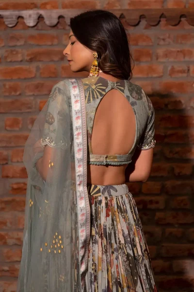 Buy Vana Ethnics Grey Floral Print Lehenga Set Online _ Aza Fashions