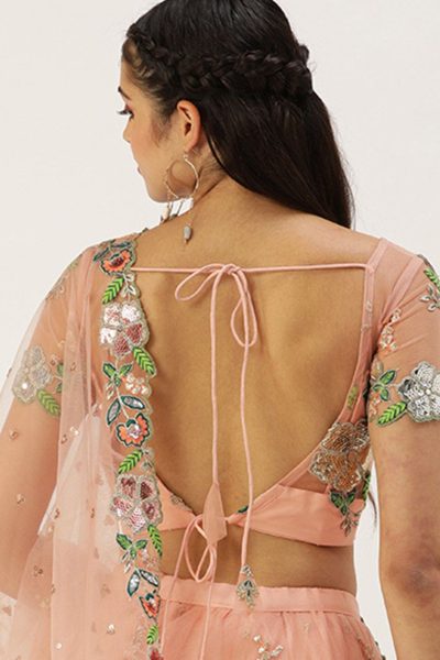 Peach Net Lehenga Choli in Floral Embroidery